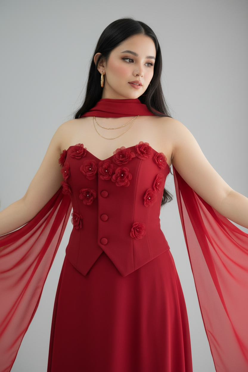 Conjunto Rojo de Gala — Blusa Chaleco + Falda Chiffon cod.C615