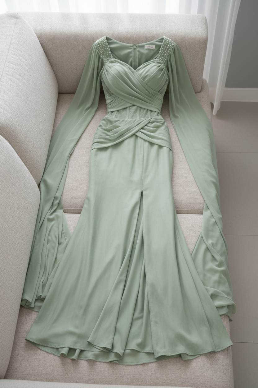 Vestido Verde Salvia — Drapeado Cruzado con Capa y Abertura cod.V624