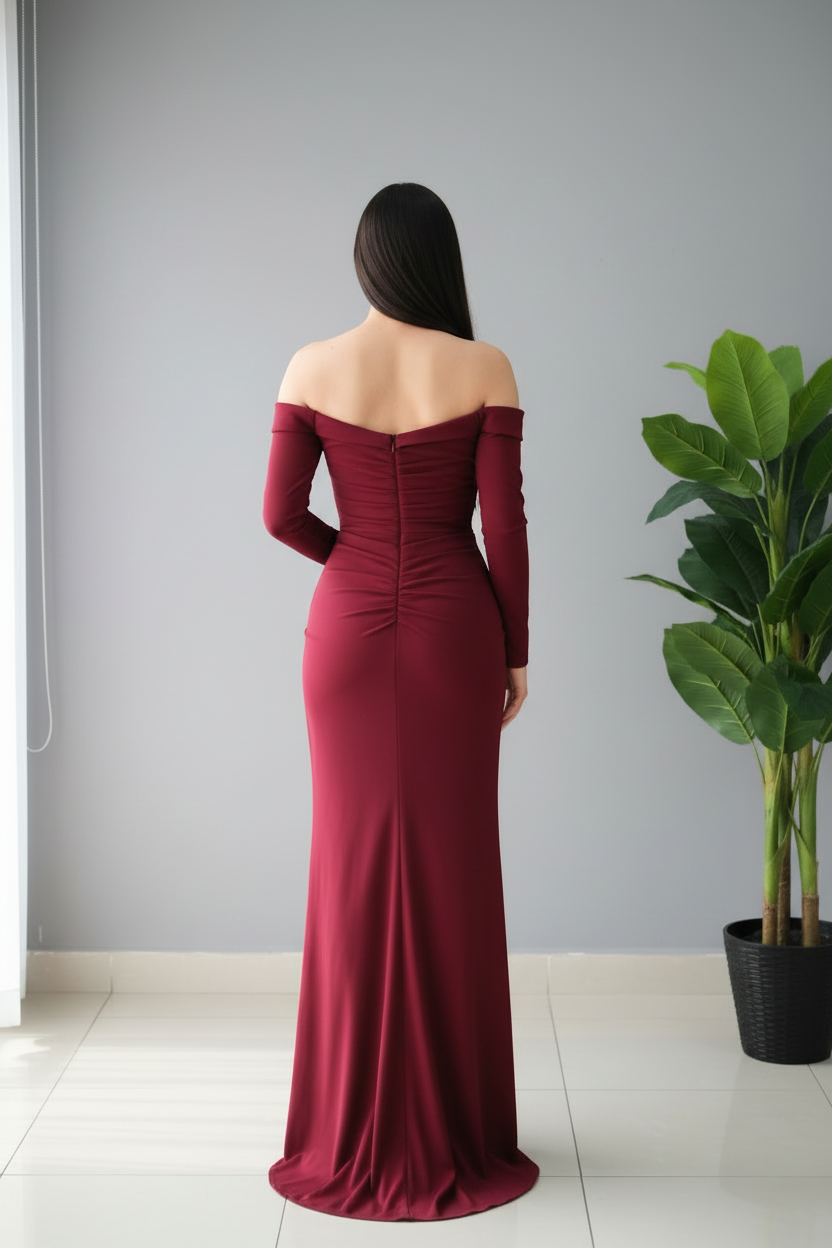 Vestido Vino Off-Shoulder Rose 3D con Drapeado y Abertura cod.624