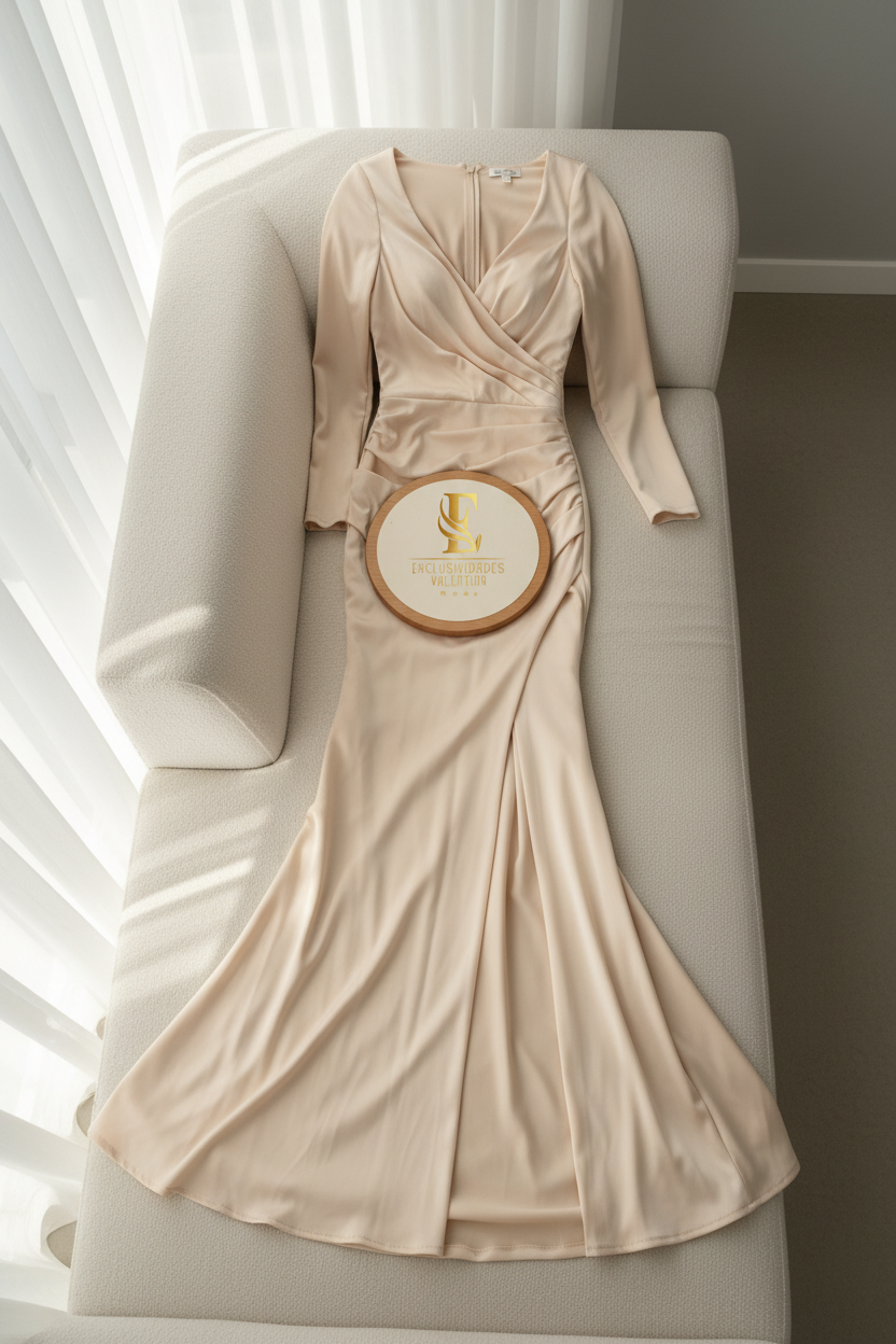 Vestido Sirena Champagne Manga Larga cod.0058