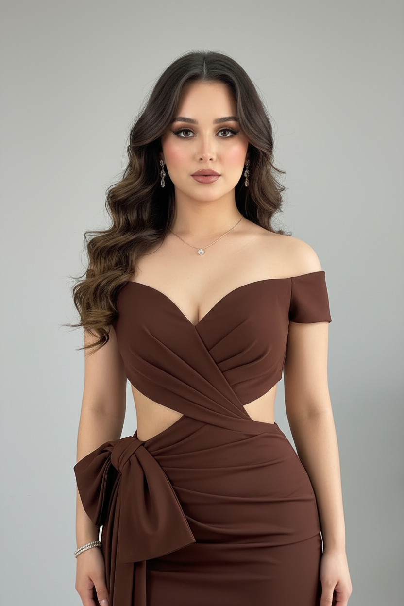 Vestido Formal Chocolate Off-Shoulder con Cutout y Lazo Lateral Falda Sirena cod.542