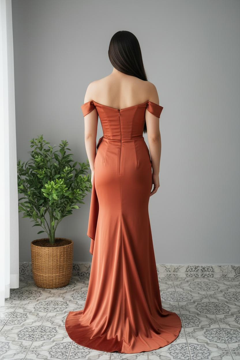 Vestido Sirena Terracota Satinado Rosa D cod.628