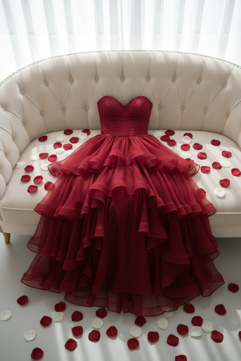 Vestido Rojo Vino Strapless Corsé Tul Multicapa Volantes cod.V0034