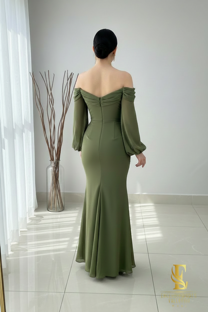 Vestido Verde Olivo Off-Shoulder Manga Globo Sirena Cod.V350