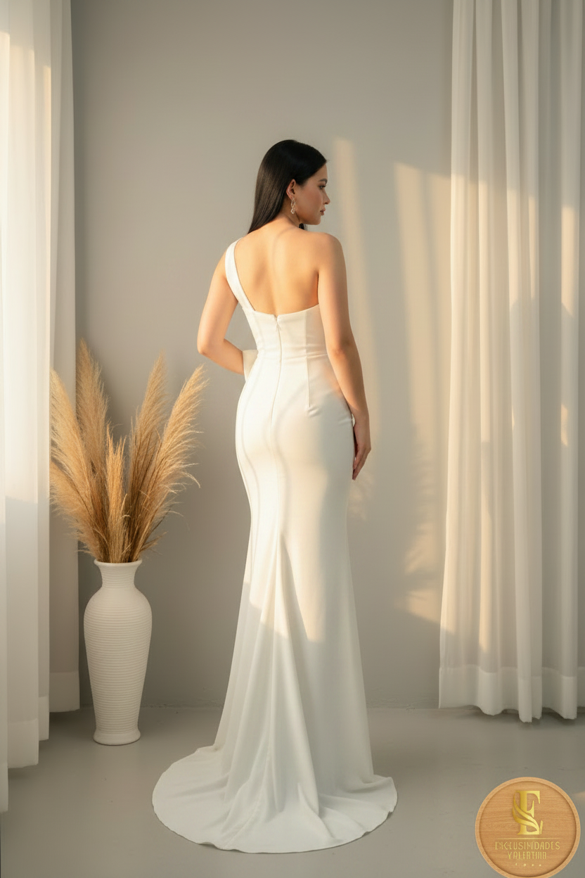 Vestido Blanco Satinado Un Hombro Lazo Frontal Sirena cod.00180