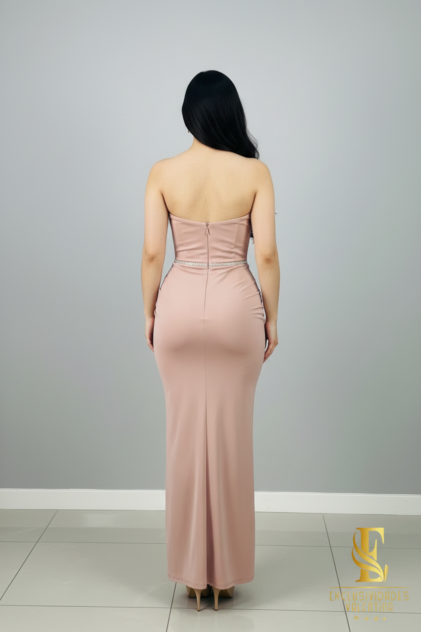 Vestido Rosa Palo Strapless con Cadena de Cristales cod.0065
