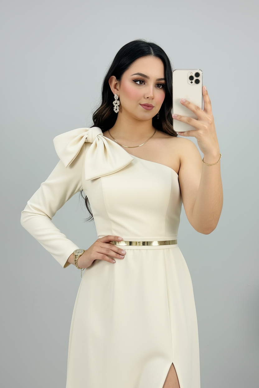 Vestido Formal Crema Un Hombro Manga Larga con Lazo y Abertura Frontal cod.548