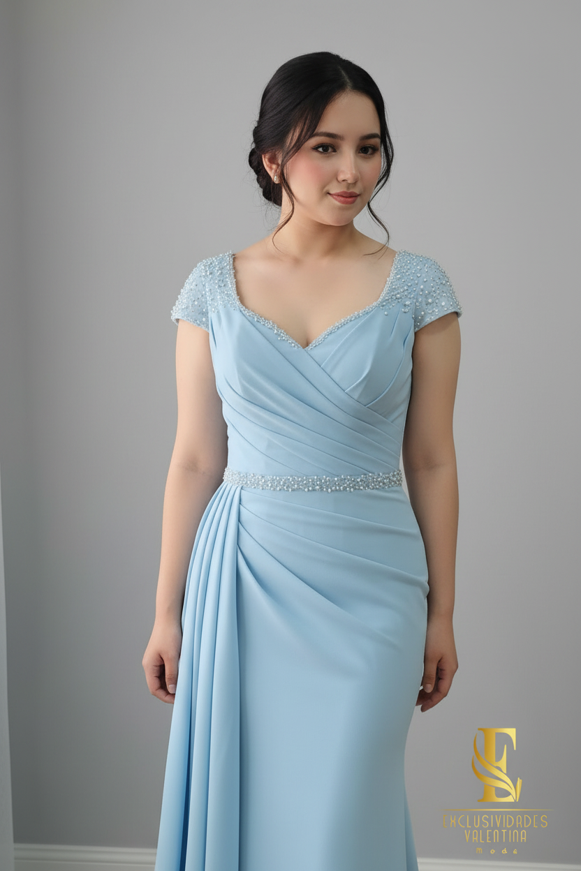 Vestido Sirena Azul Cielo con Manga Casquillo y Cinturón de Cristales cod.V244