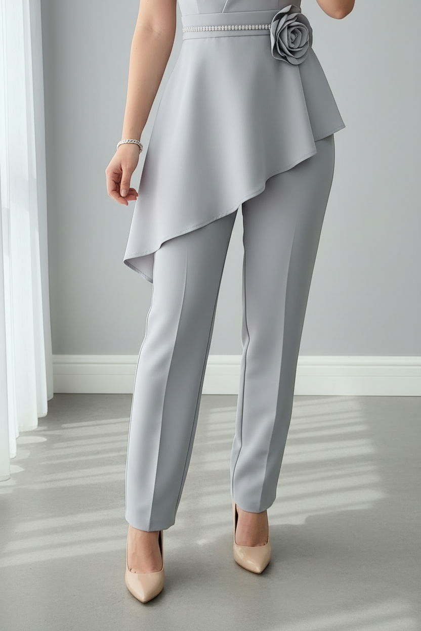 Conjunto Gris Plata Peplum Flor 2 Piezas cod.910