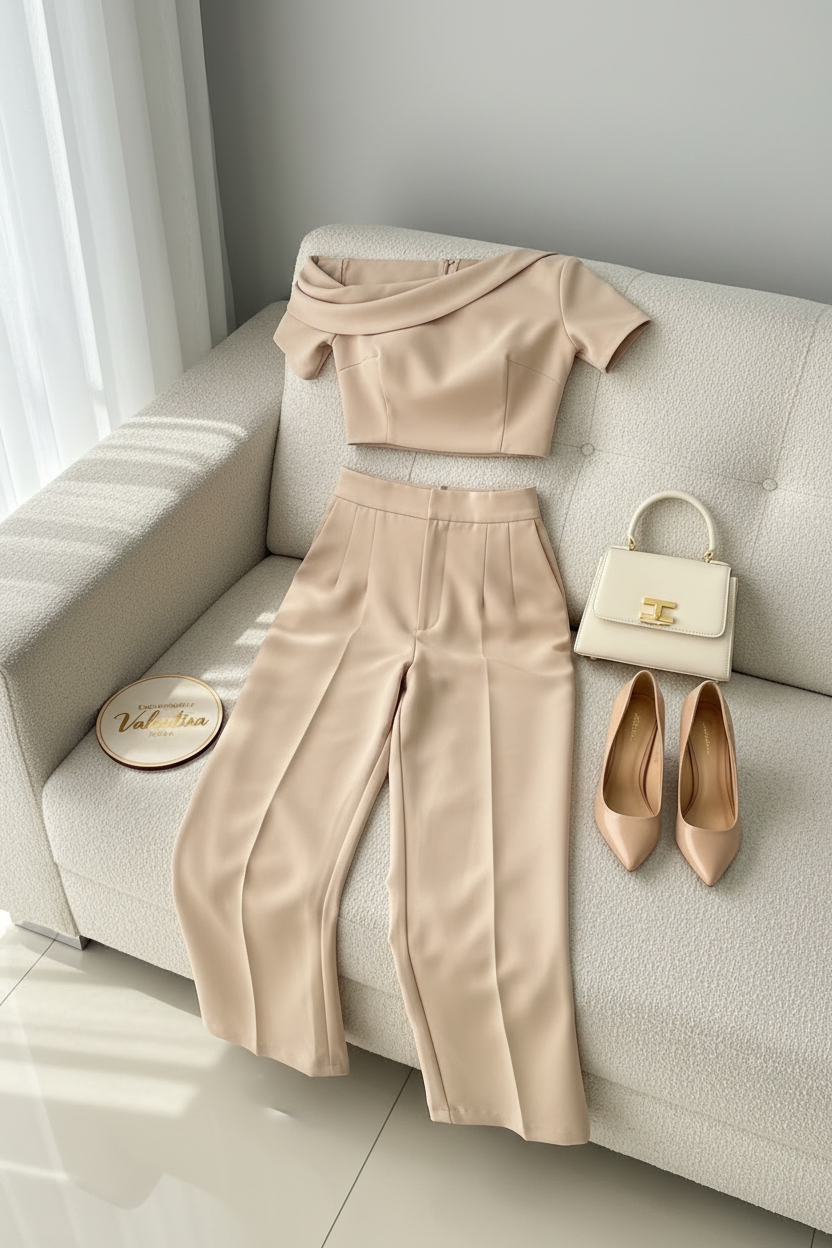 Conjunto 2 Piezas Beige Champagne Top One-Shoulder Drapeado y Palazzo cod.00142