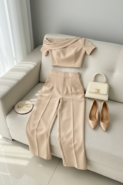 Conjunto 2 Piezas Beige Champagne Top One-Shoulder Drapeado y Palazzo cod.00142