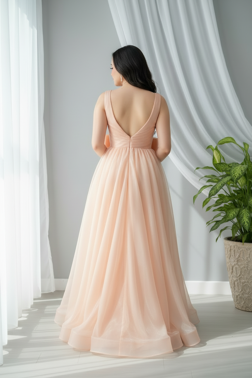 Vestido Melocotón Organza Maxi con Lazo Oversized y Abertura Frontal cod.984