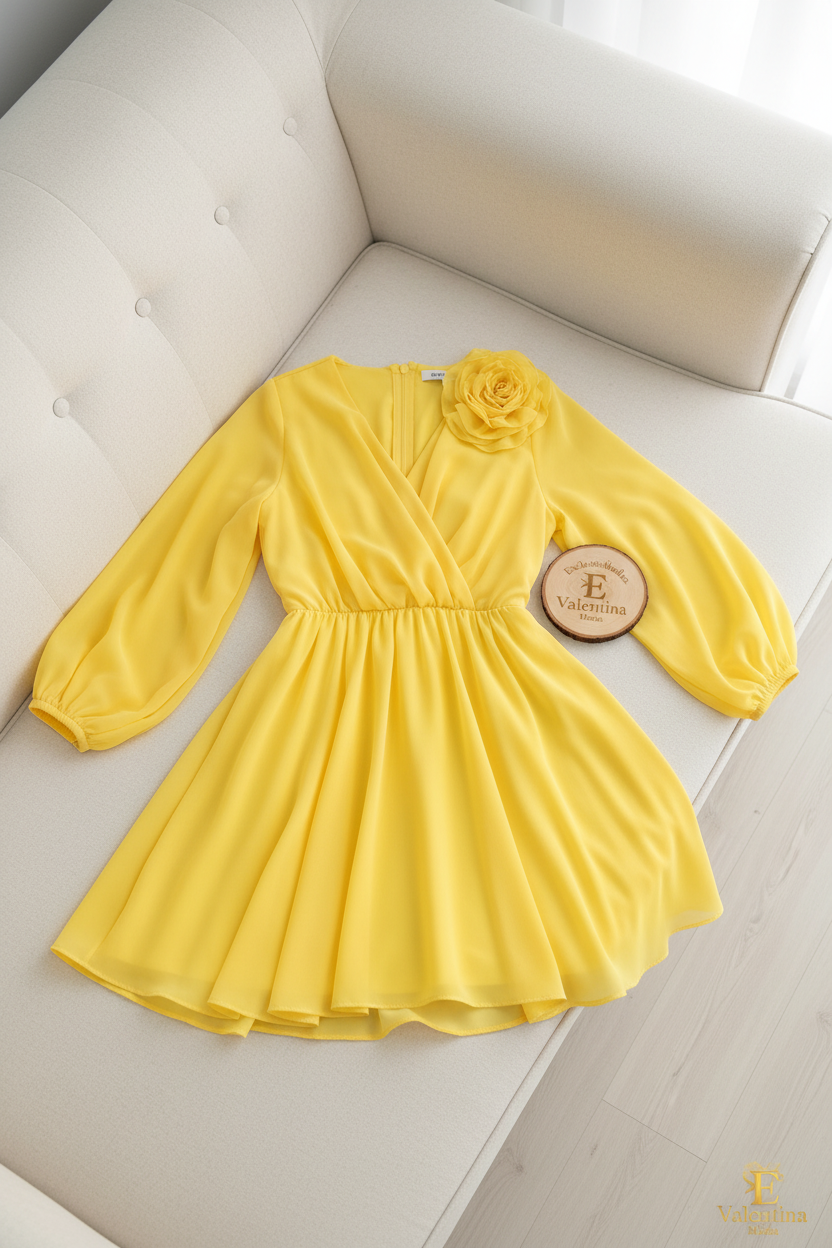 Vestido Amarillo Escote V Cruzado Manga Globo Rosa 3D Falda Chifón cod.940