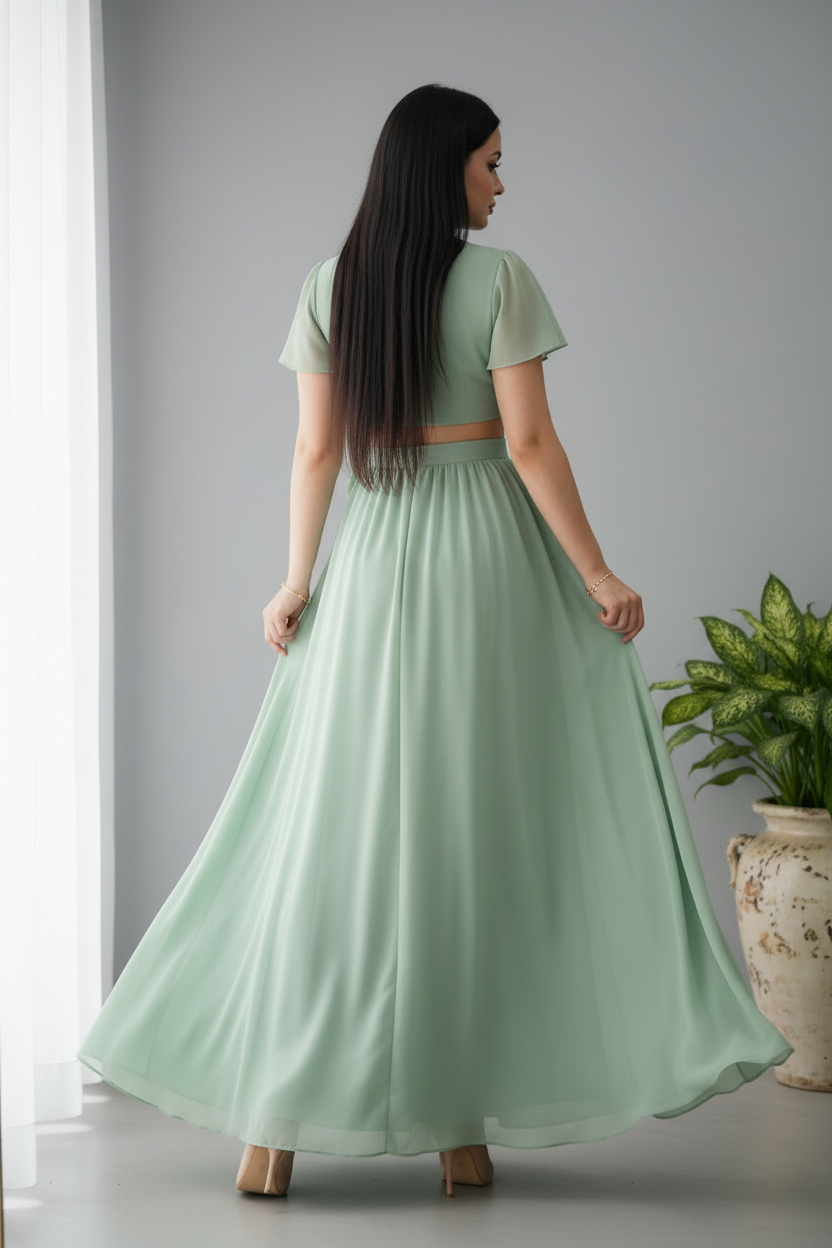 Vestido Verde Salvia Maxi Gasa con Rosa D cod.952