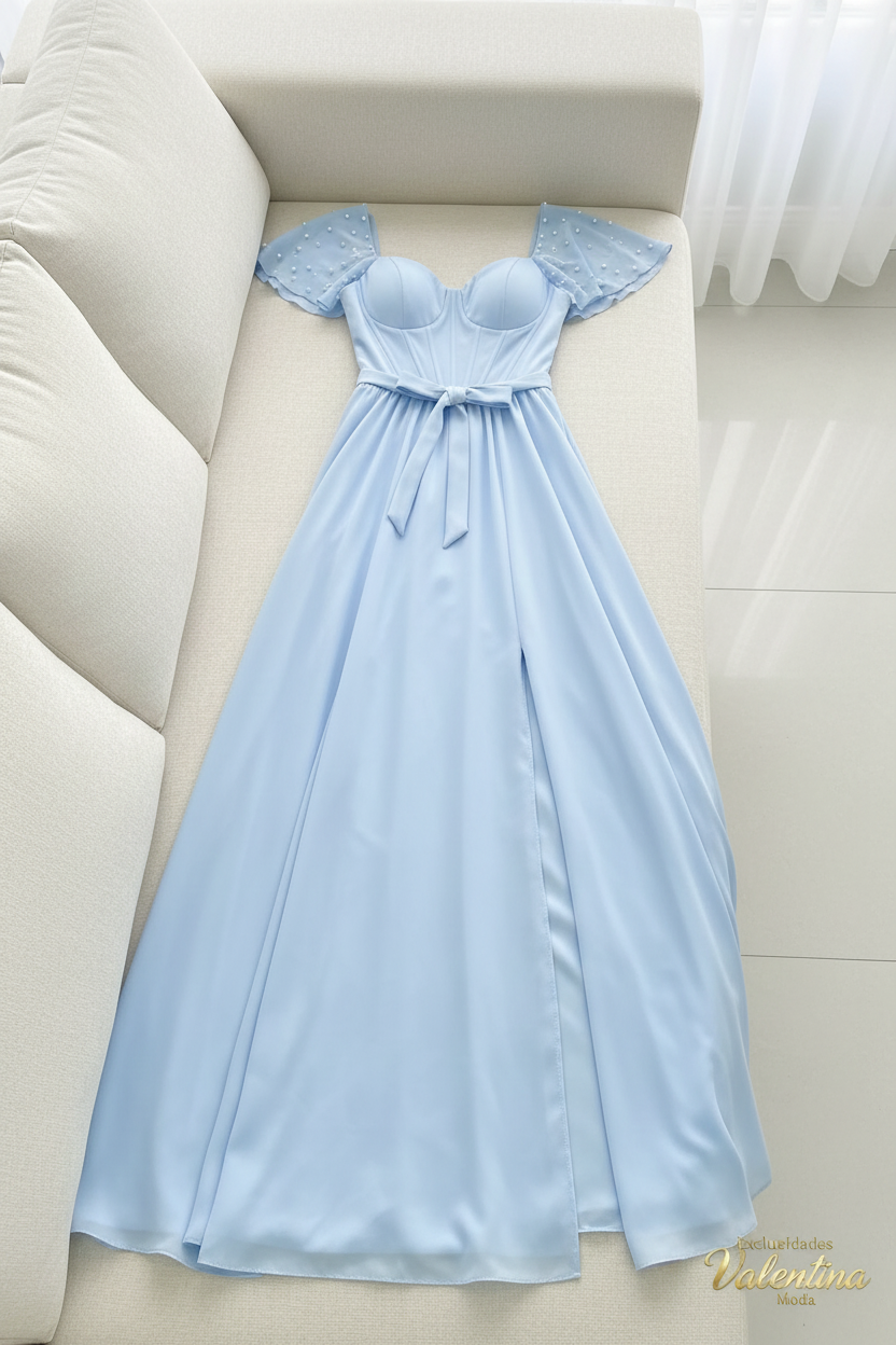 Vestido Azul Cielo | A-Line Sweetheart Corsé con Mangas Mariposa, Perlas y Abertura cod.V521