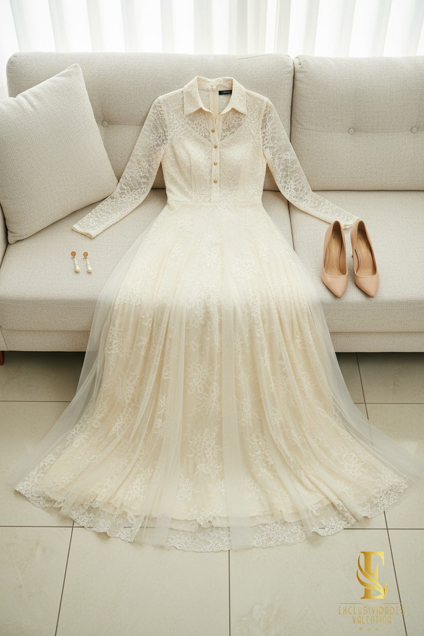 Vestido Ivory Camisero Manga Encaje con Falda de Tul cod.V283