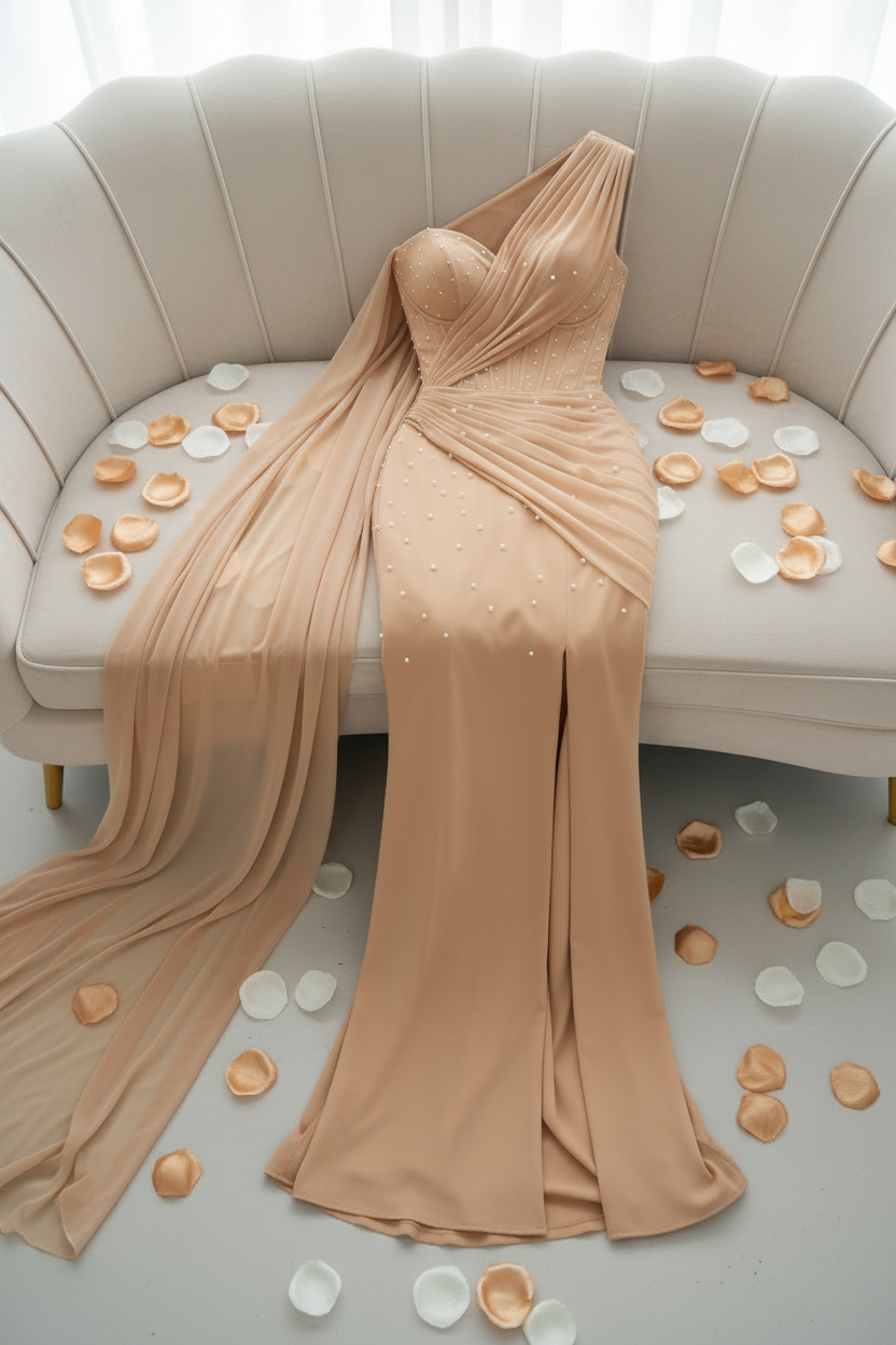 Vestido Champagne Dorado Un Hombro Perlas Capa Drapeada Abertura cod.V0037
