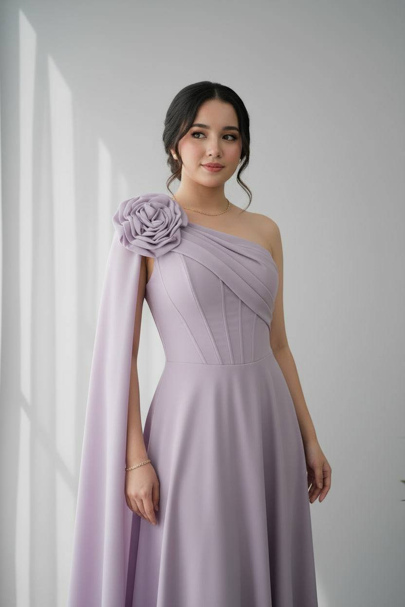 Vestido Lila Lavanda Un Hombro con Rosa 3D y Capa Fluida cod.733
