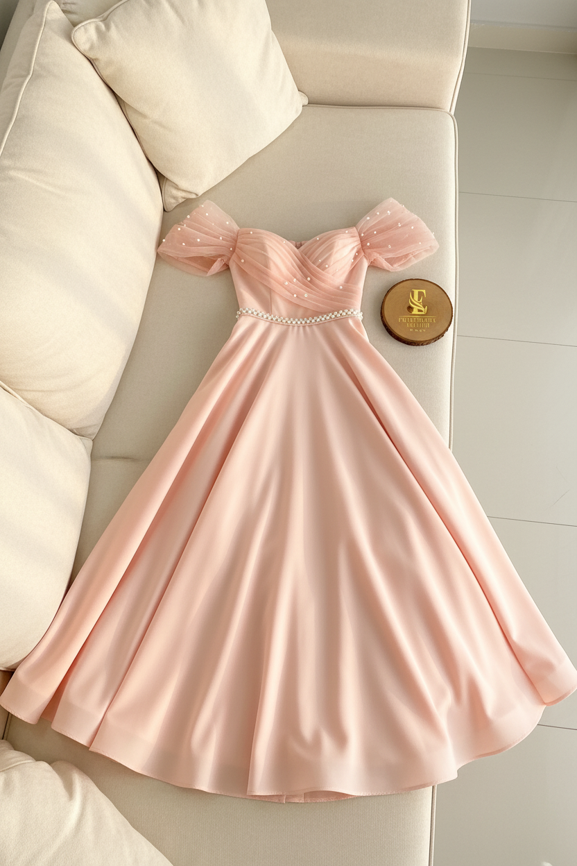 Vestido Rosa Blush Peach Off-Shoulder Manga Tul Perlas Cinturon Falda A-line Tea Length cod.839