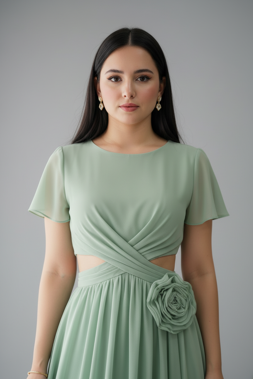 Vestido Verde Salvia Maxi Gasa con Rosa D cod.952