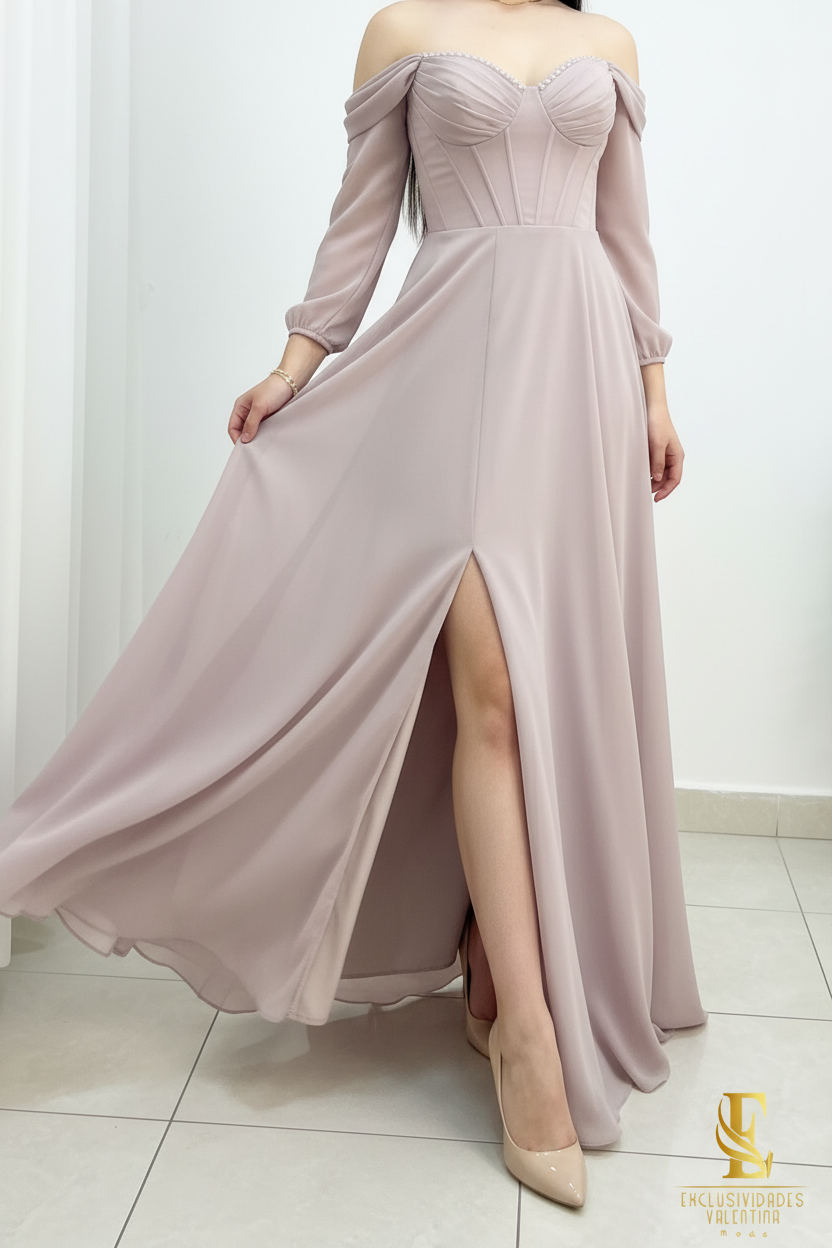 Vestido Malva Off-Shoulder Manga Puff con Córset cod.V275