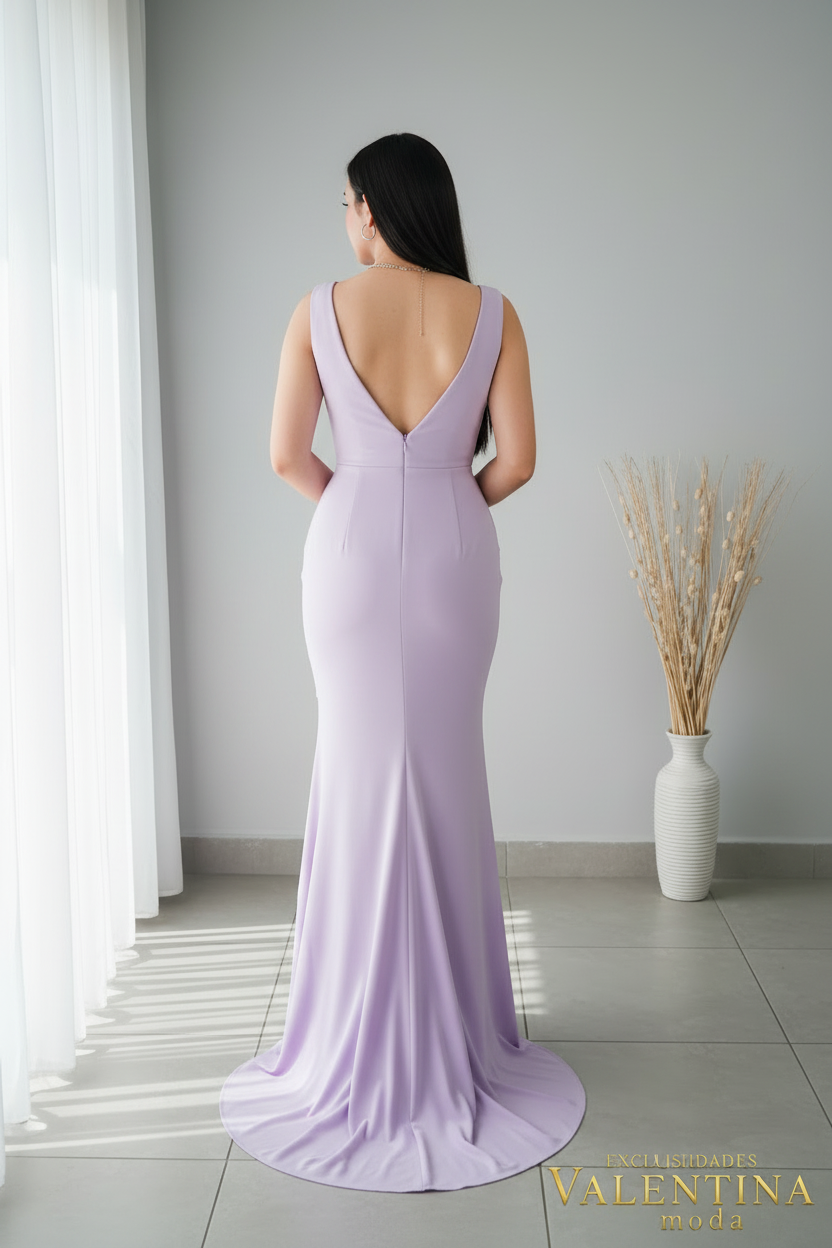 Vestido Lila Sin Mangas Sirena con Escote V y Volante Lateral cod.525