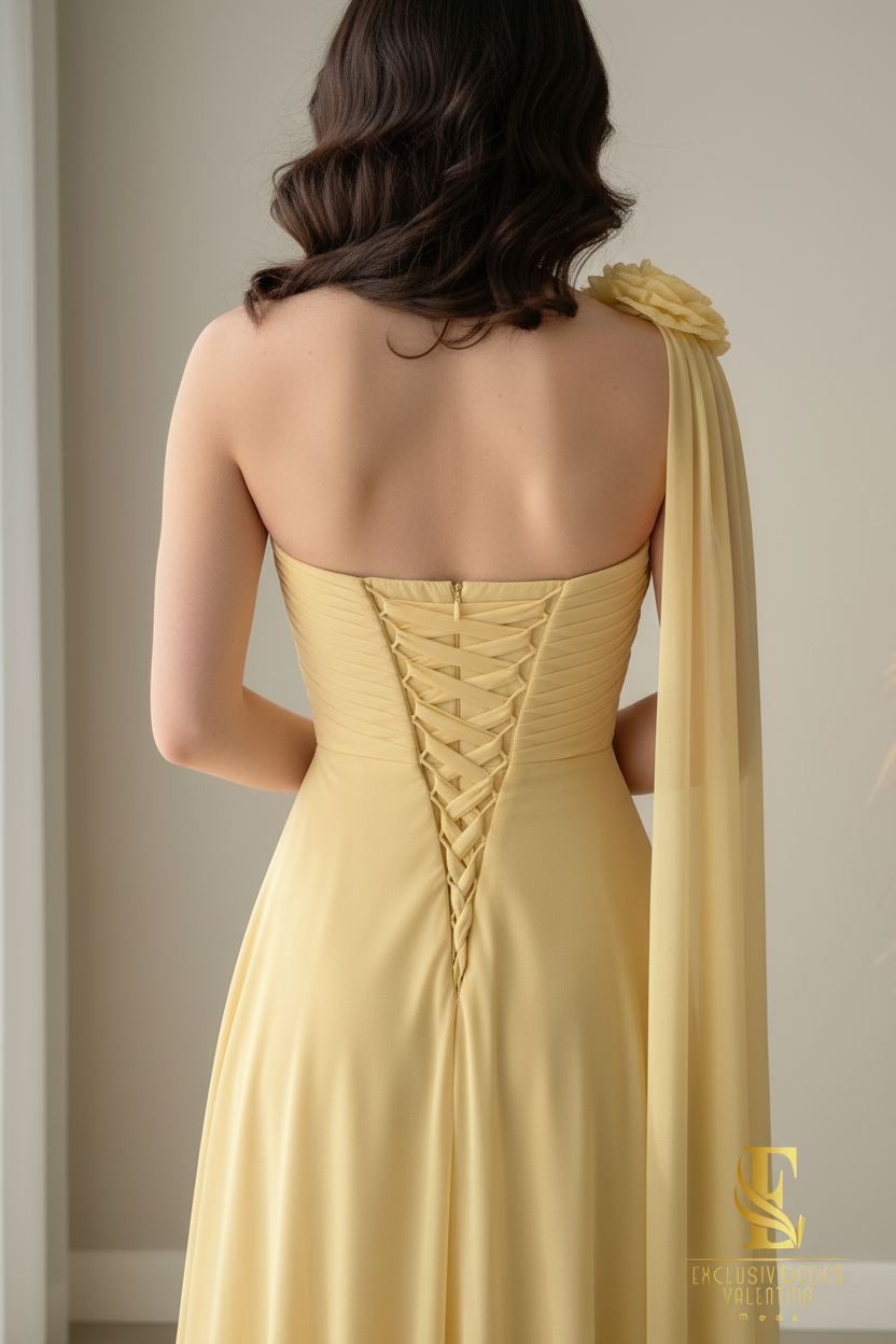 Vestido Amarillo Pastel One-Shoulder Chifón con Flor y Capa Drapeada cod.0080