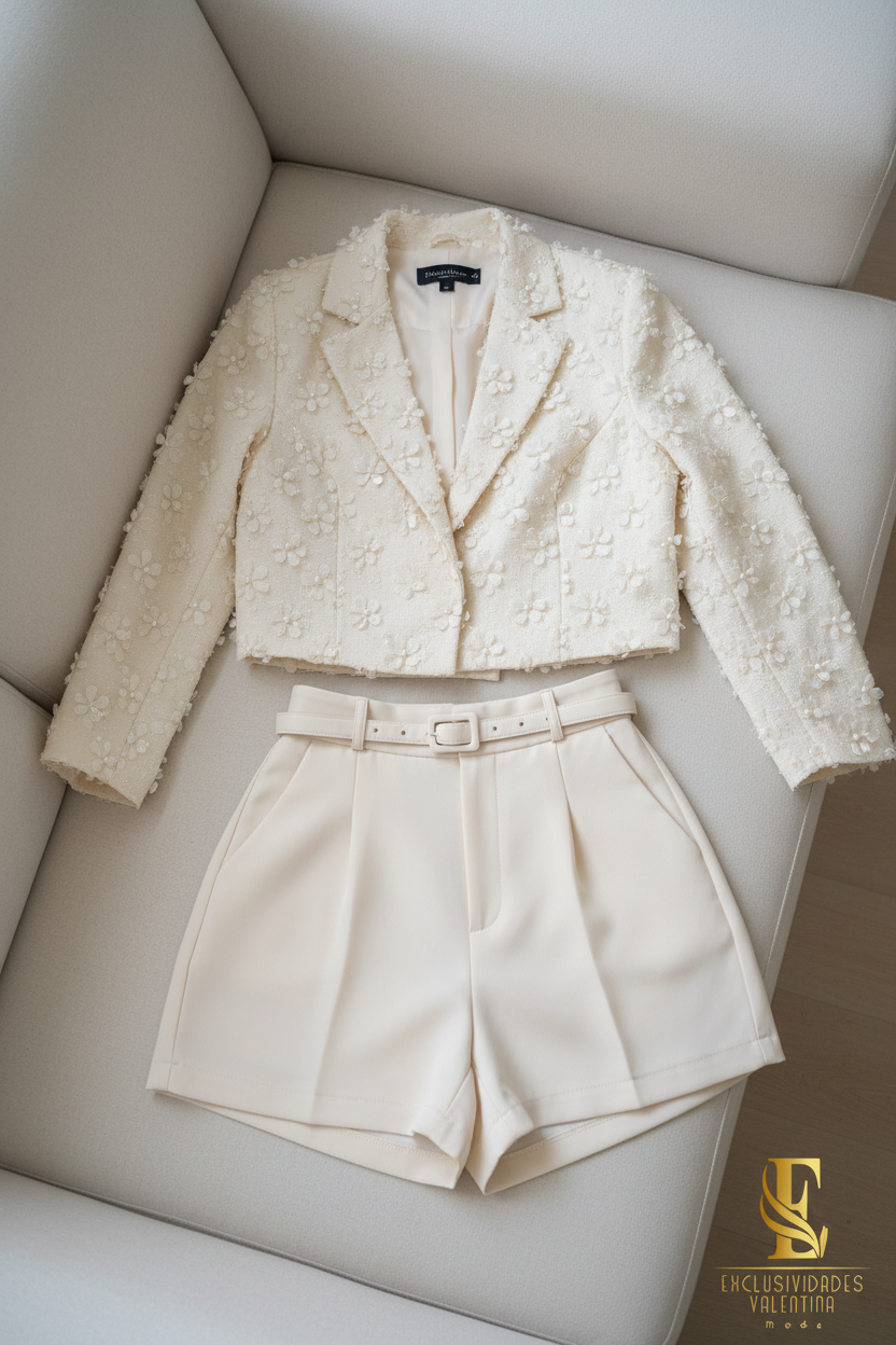 Conjunto Crema Blazer con Flores de Perlas + Short con Cinturón