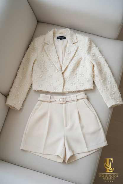 Conjunto Crema Blazer con Flores de Perlas + Short con Cinturón