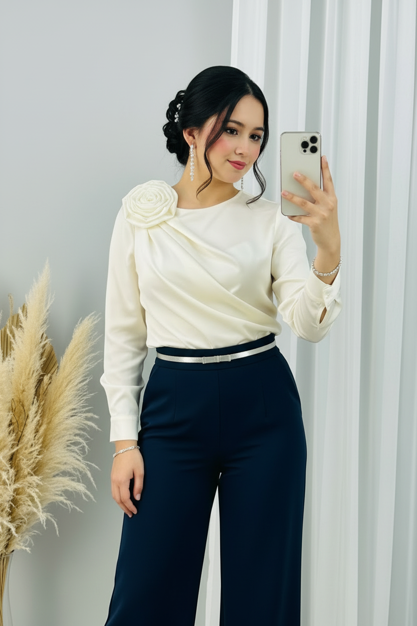 Conjunto Blusa Crema con Rosa 3D y Palazzo Azul Marino cod.C369
