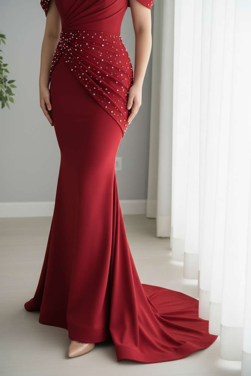 Vestido Rojo Off-Shoulder Perlas Sirena cod.0023