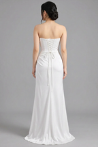 Vestido largo blanco strapless drapeado con abertura y espalda corsé cod. VC030