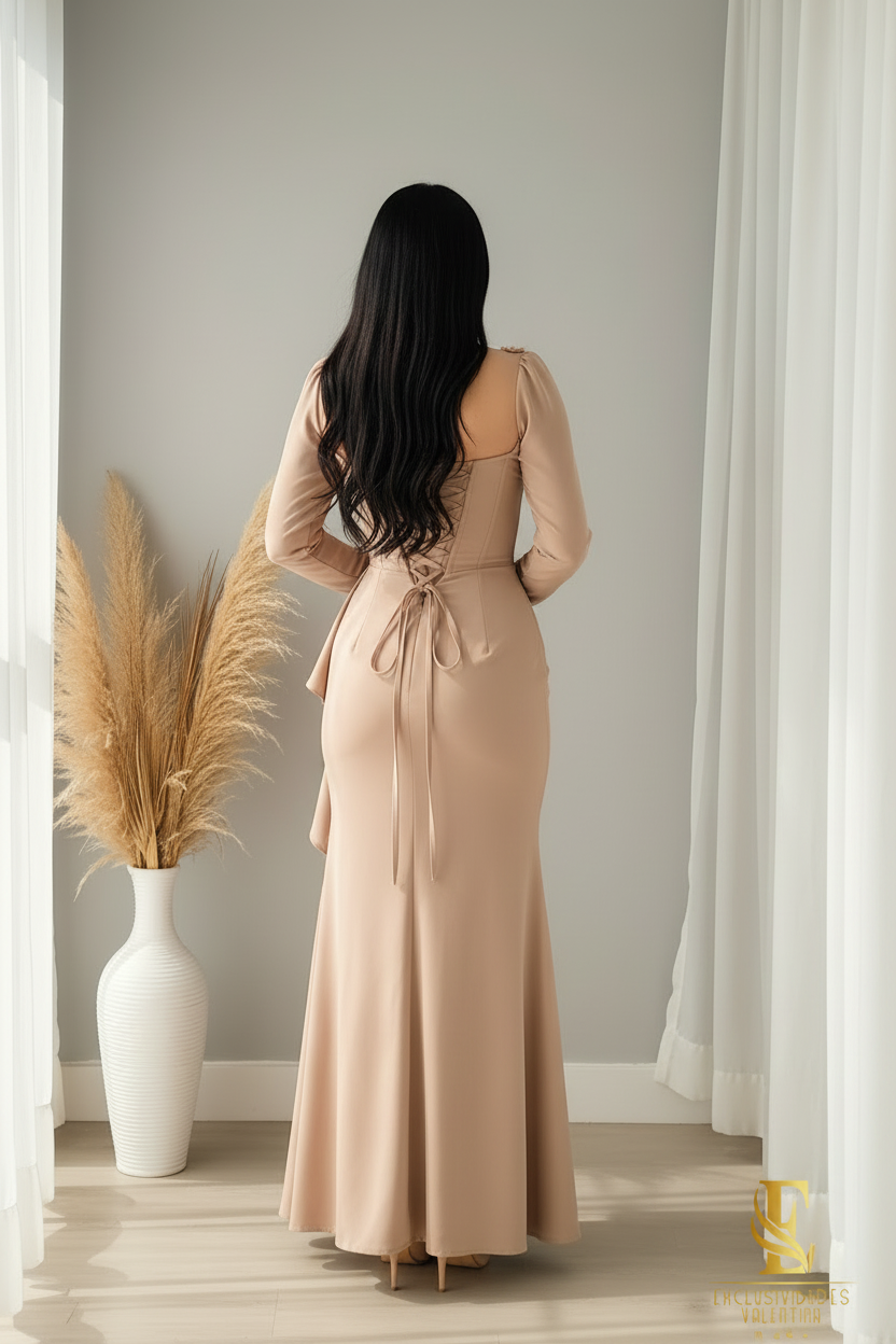 Vestido Champagne Manga Larga con Corset y Flores D cod.V280