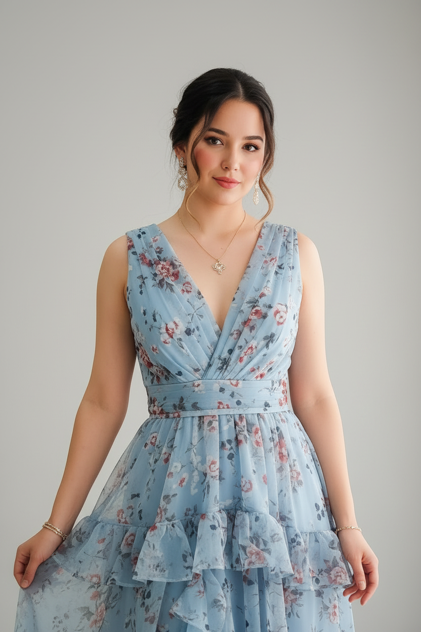 Vestido Azul Floral — Escote V, Volantes & Abertura cod.862