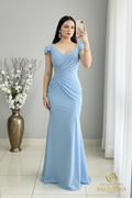 Vestido Sirena Azul Cielo Drapeado Perlas Abertura cod.V404