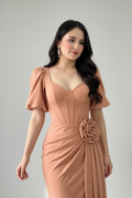 Vestido Terracota Corset con Mangas Globo y Rosa D cod.658