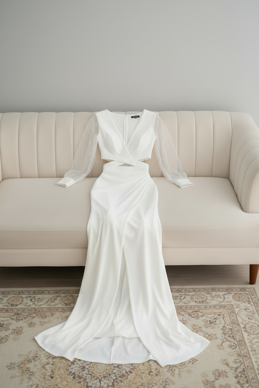 Vestido Blanco Manga Tul con Perlas Escote V y Cut-Out cod.V602