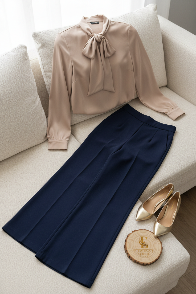 Conjunto Champagne Bow & Navy Palazzo cod.570