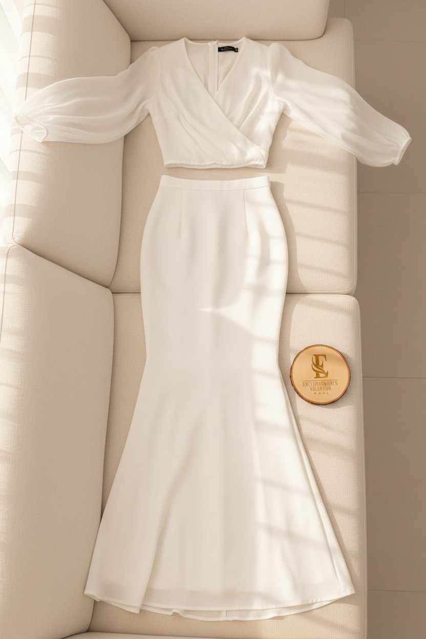 Conjunto Dos Piezas Blanco Marfil Top Wrap Escote V Manga Bishop Falda Sirena cod.841