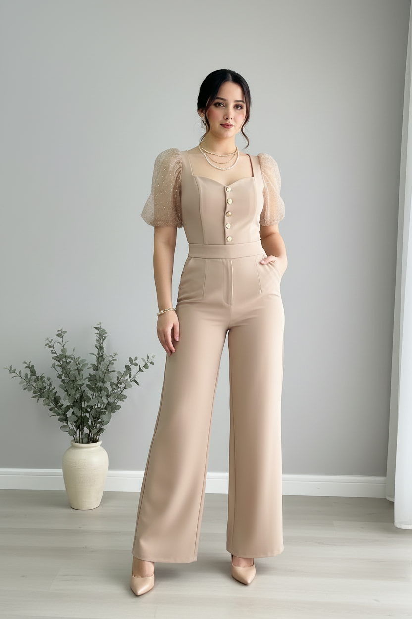 Jumpsuit Beige Champagne — Escote Corazón, Botones Dorados & Mangas Tul Perlas cod.880