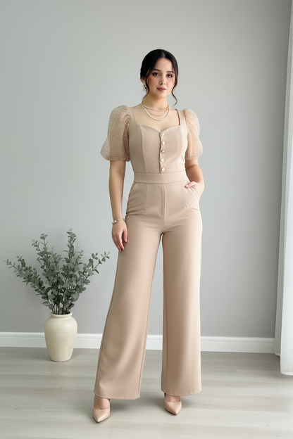 Jumpsuit Beige Champagne — Escote Corazón, Botones Dorados & Mangas Tul Perlas cod.880
