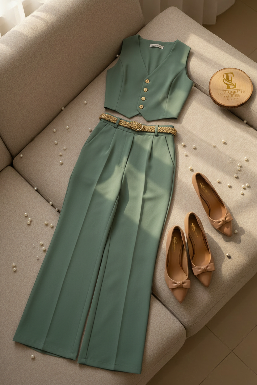 Conjunto Dos Piezas Verde Sage Chaleco con Botones y Pantalón Palazzo cod.533