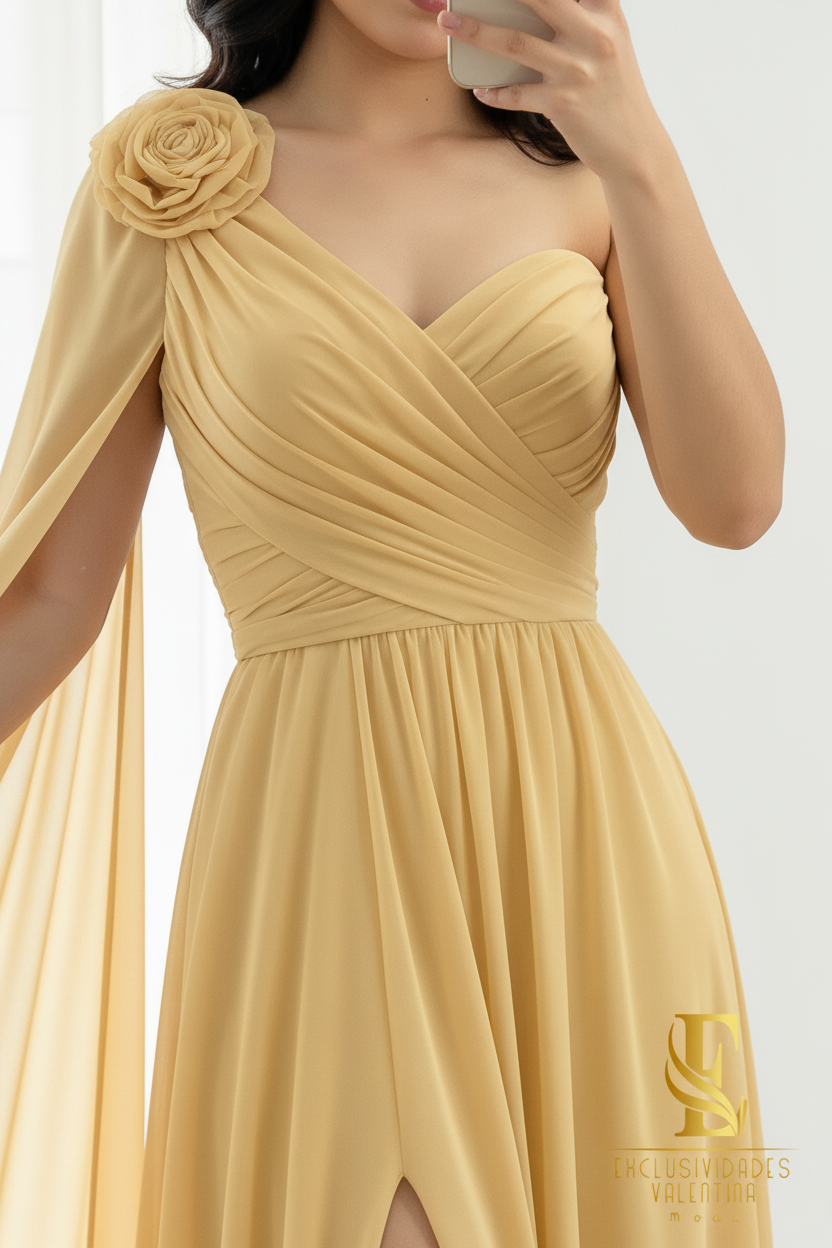 Vestido Amarillo Mantequilla Un Hombro con Rosa 3D cod.V272