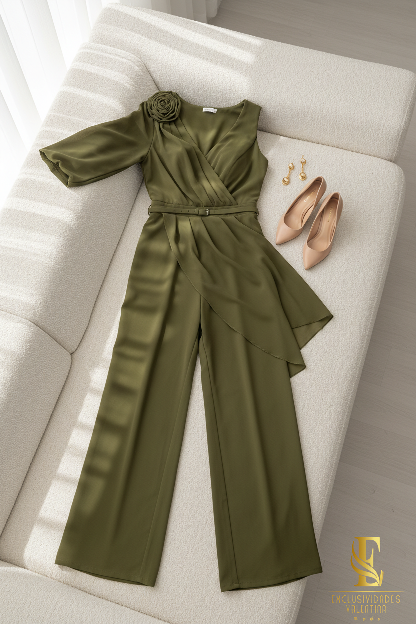 Jumpsuit Verde Oliva Escote V Rosa 3D Capa Drapeada Palazzo cod.C295