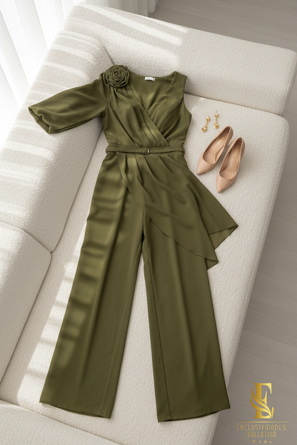 Jumpsuit Verde Oliva Escote V Rosa 3D Capa Drapeada Palazzo cod.C295