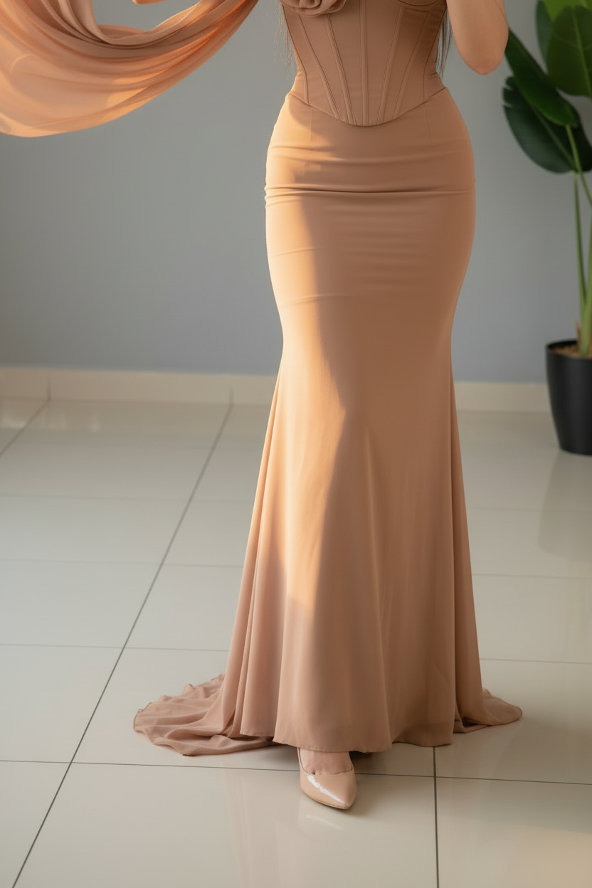 Vestido Nude Rose Sirena – Gown Nude Strapless con Rosa 3D & Tira Chifón cod.681