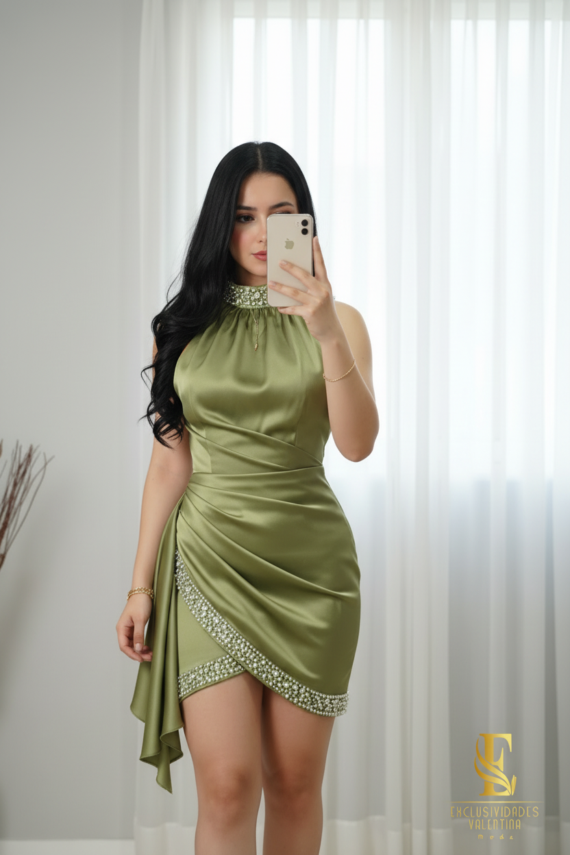 Vestido Verde Oliva Satén Cristales cod.V748