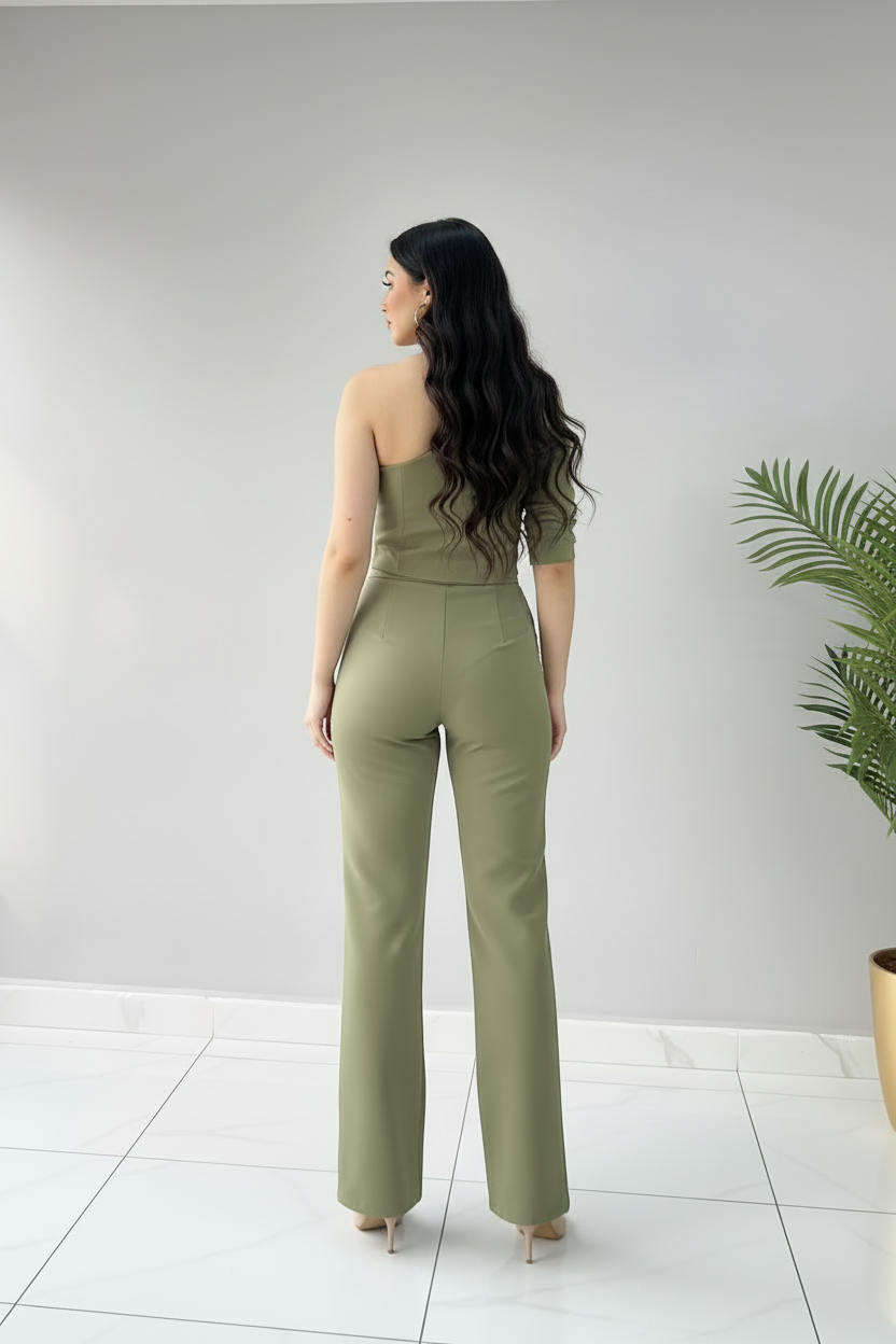 Conjunto Olive Chic – Top Asimétrico Un Hombro & Pantalón Palazzo cod.667