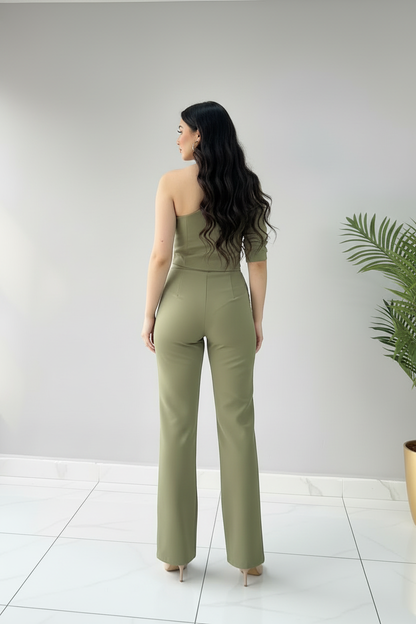 Conjunto Olive Chic – Top Asimétrico Un Hombro & Pantalón Palazzo cod.667