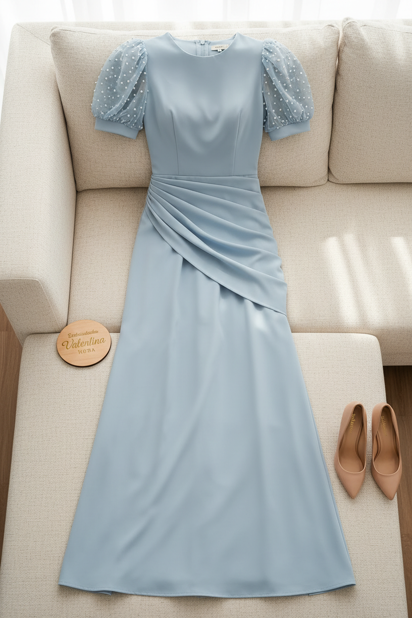 Vestido Pearl Blue – Gown Azul Cielo Mangas Puff de Perlas & Drapeado Griego cod.688